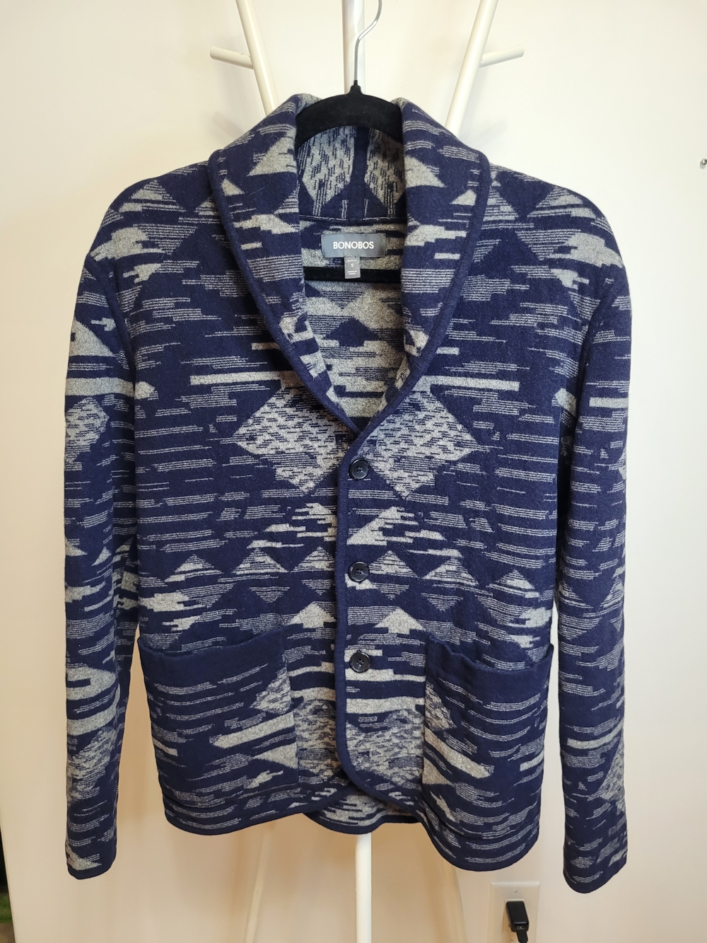 🍂 Bonobos Slim Fit Merino Wool Cotton Shawl Cardigan Sweater Aztec Navy - Small